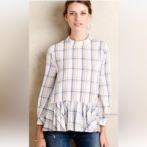 Anthropologie Maeve Sava Plaid Swing Top with a ruffle peplum and mock neck SZ 8